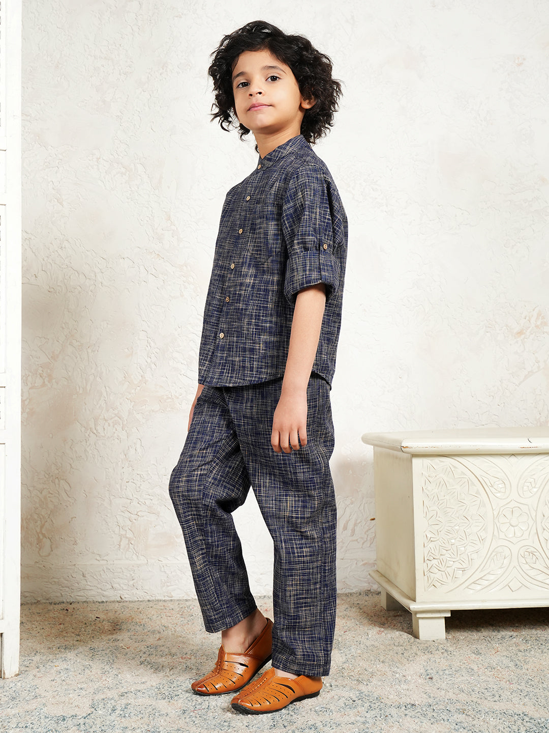 Navy Blue Pure Cotton Handloom Cotton Co-Ord Set For Boys
