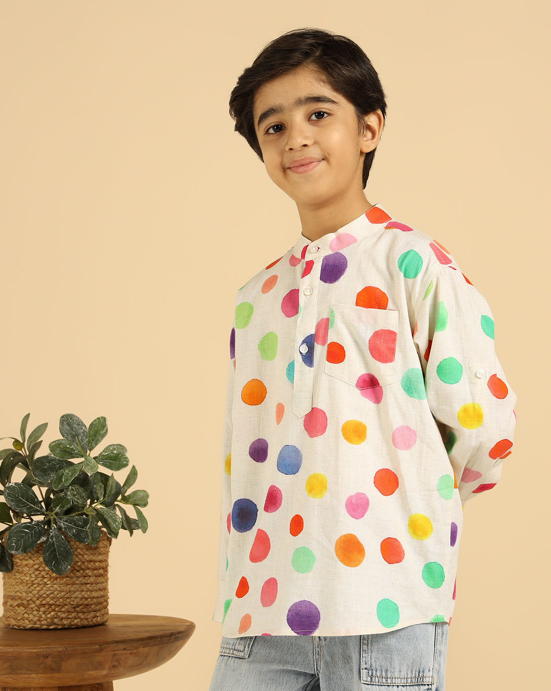 Pure Cotton Multi Color Polka Printed Boys Kurta