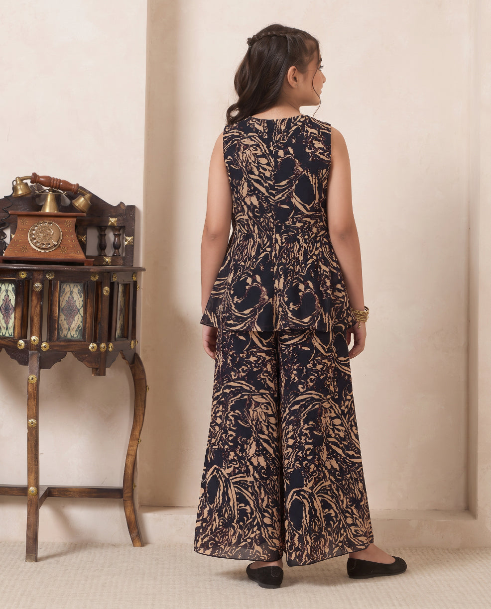 Girl's Black Abstract Print Chiffon Peplum Top & Palazzo Set