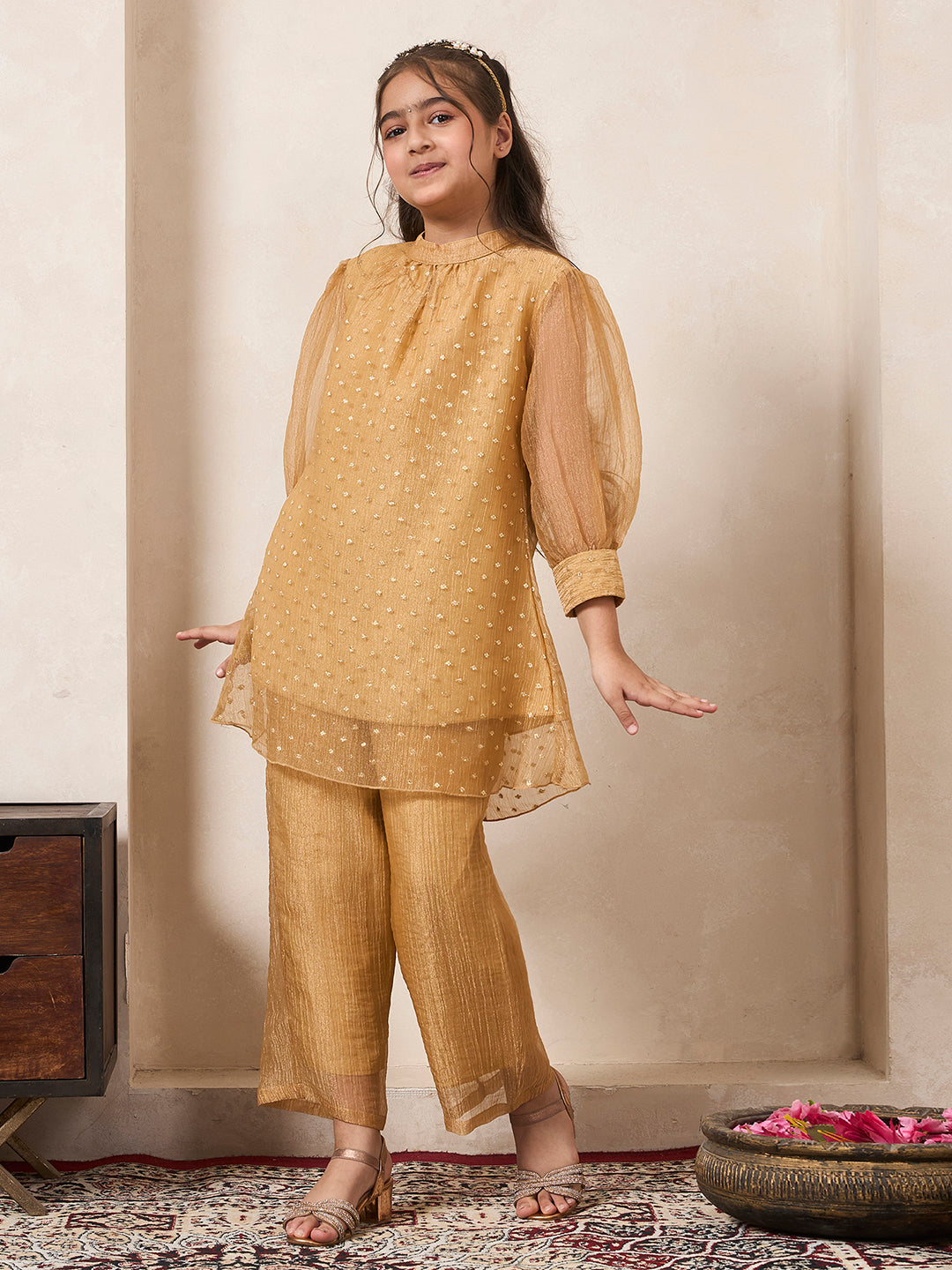 Golden Shimmer Butti Work Gathered Neck Kurta With Pant