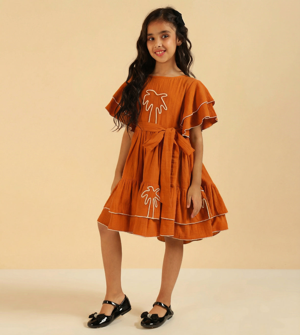 Embroidered Palm Motif Pure Cotton Gauze Dress For Girls