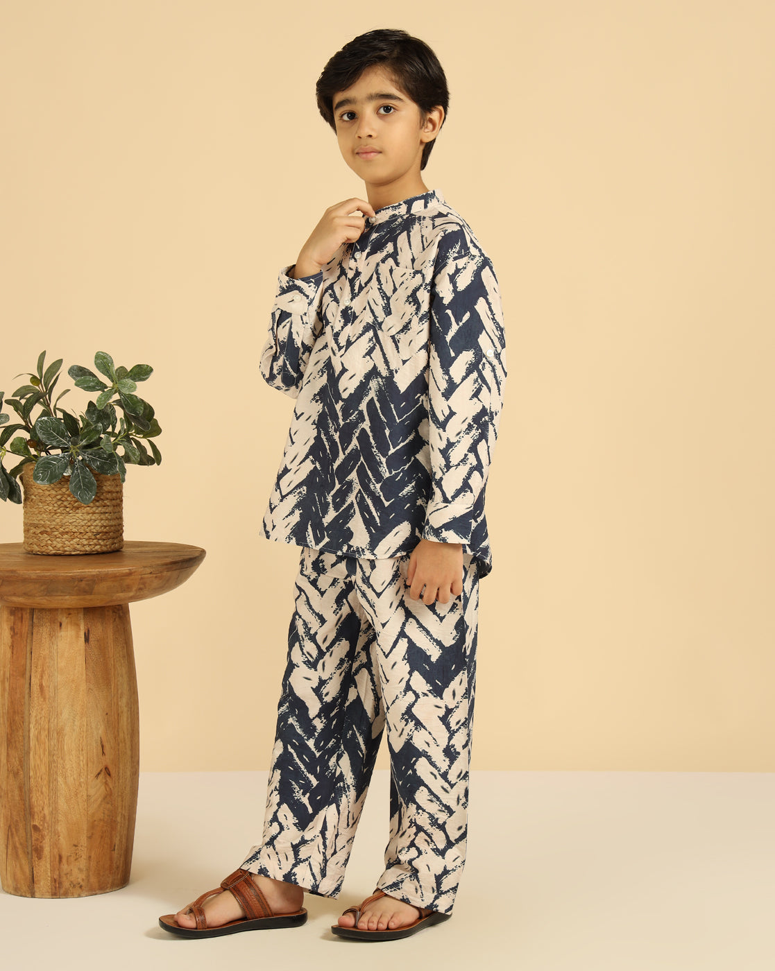 Blue Tie Dye Geometric Kurta With Pant Boys Co-Ord Set