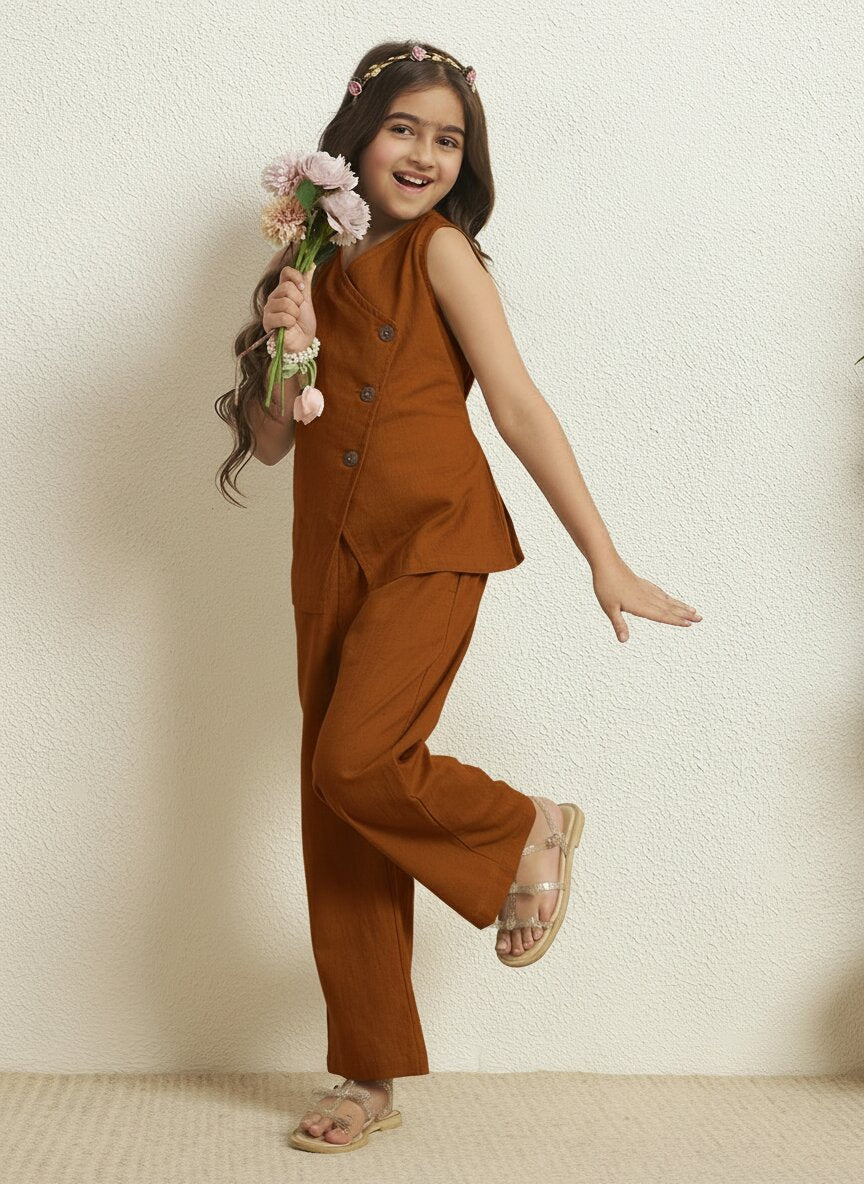 Girls Tan Brown Cotton Blazer With Pant Co-Ord Set