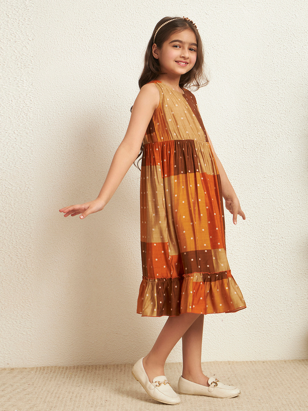 Girl's Multi Color Modal Chanderi Patch Print Tiered Dress