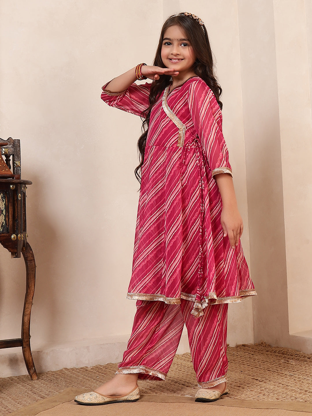 Leheriya Angrakha Style Kurta With Pants Set
