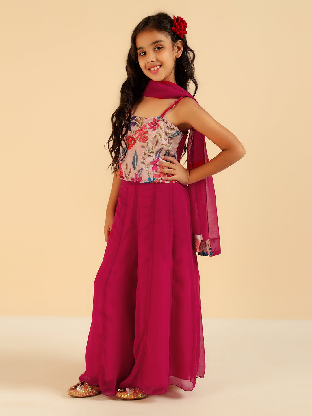 Embroidered Top With Palazzo & Dupatta Indo Western Girls Co-Ord Set