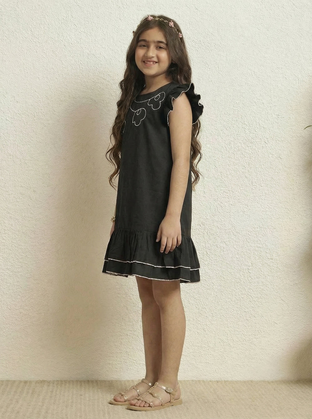 Girls Black Cotton Poplin Floral Dori Work A-Line Dress