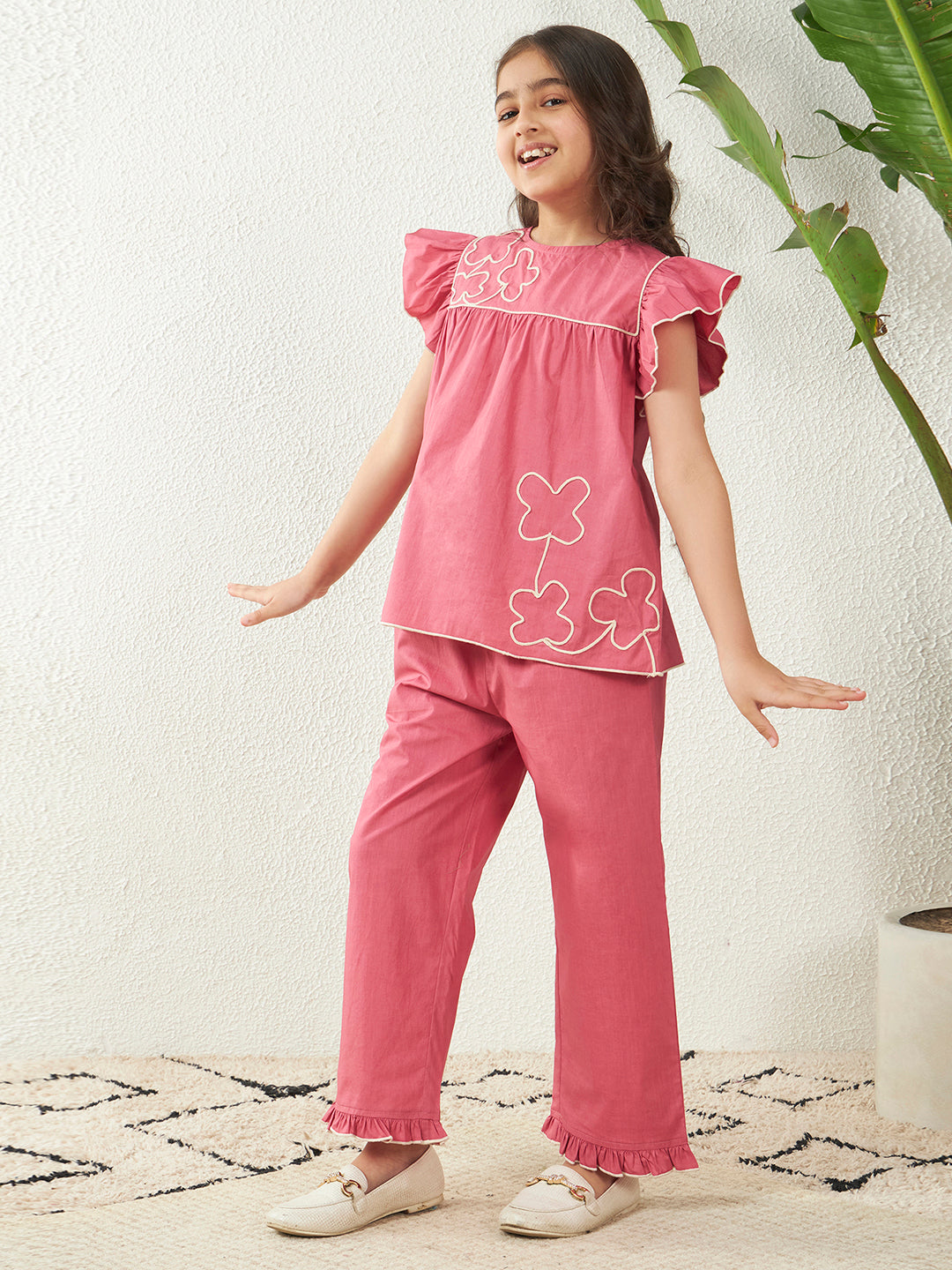 Girls Pink Cotton Poplin Dori Work Top & Frill Pant Co-Ord Set