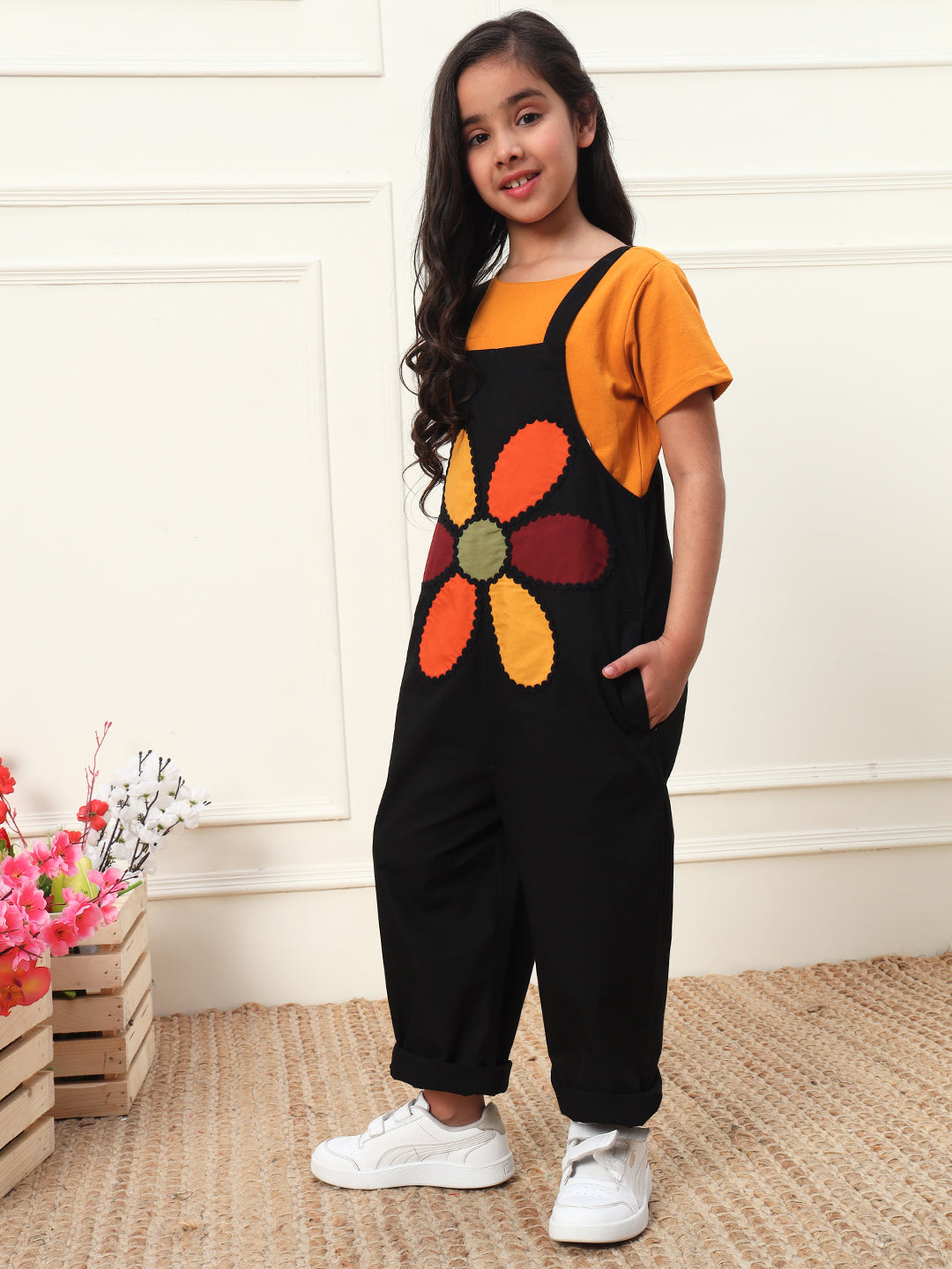 Multicolor Big Flower Patch Girls' Jumpsuit (T-shirt not included)