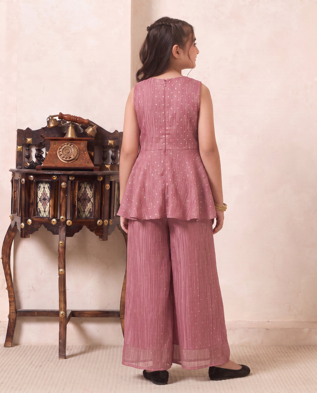 Girl's Solid Pink Shimmer Butta Peplum Top & Palazzo Set