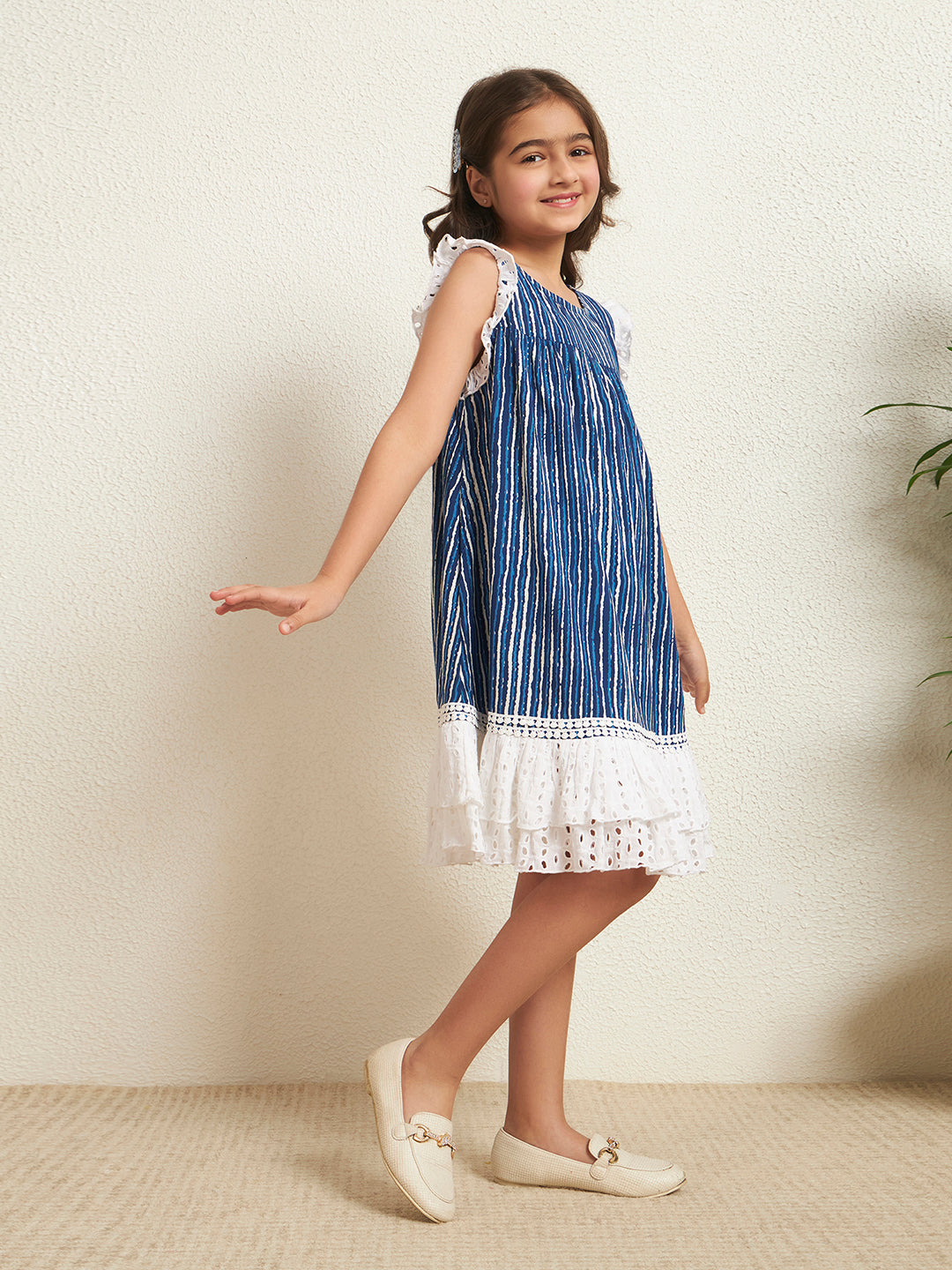 Girls Blue Striped A-Line Knee-Length Dress with White Schiffli Flared Hem