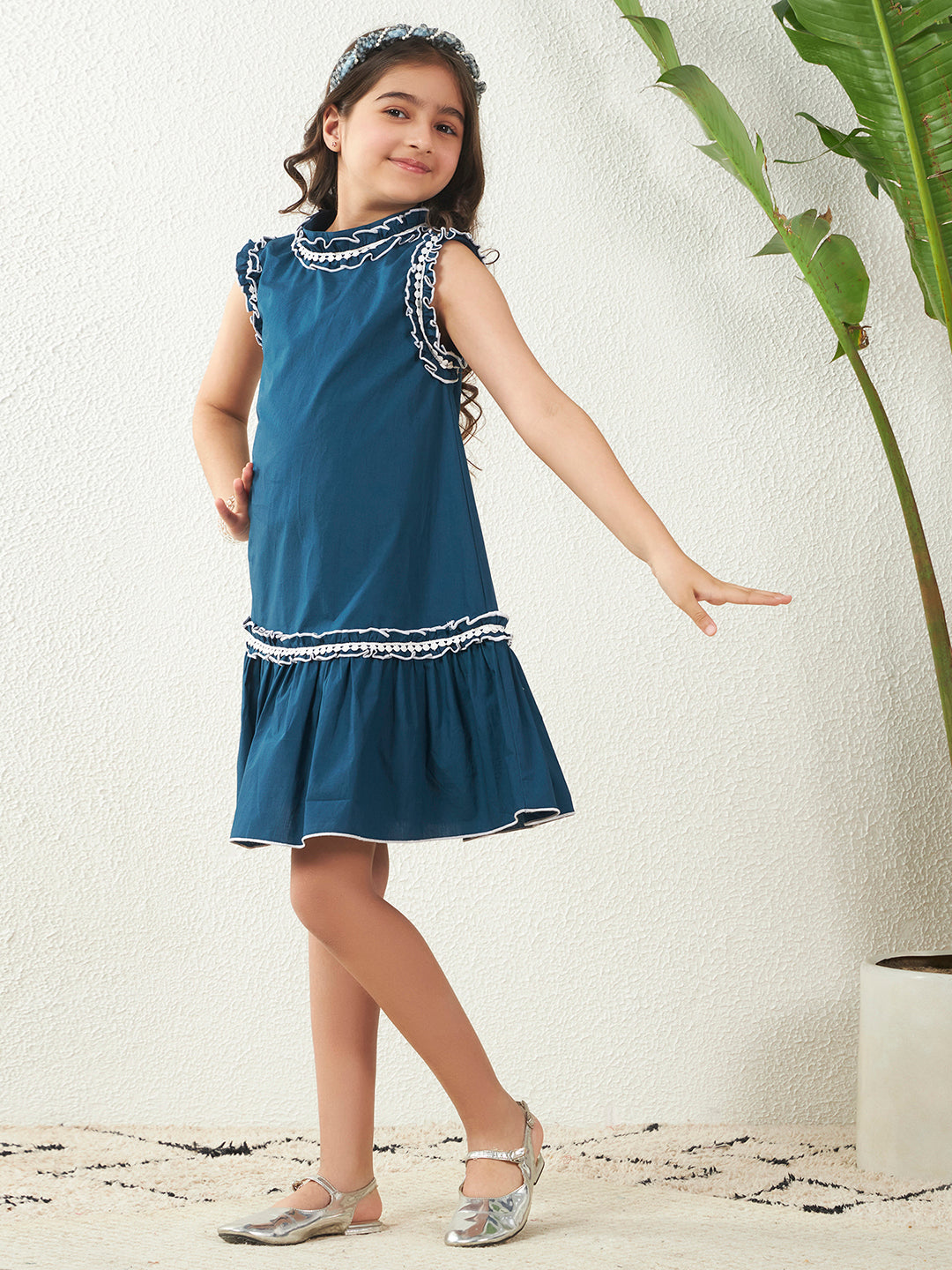 Teal Blue Cotton Round Neck Poplin A-Line Knee Length Dress