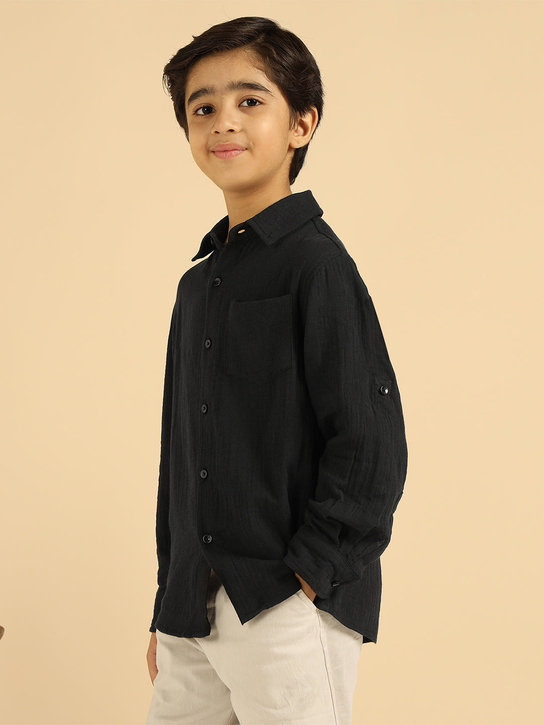 Black Pure Cotton Solid Boys Shirt