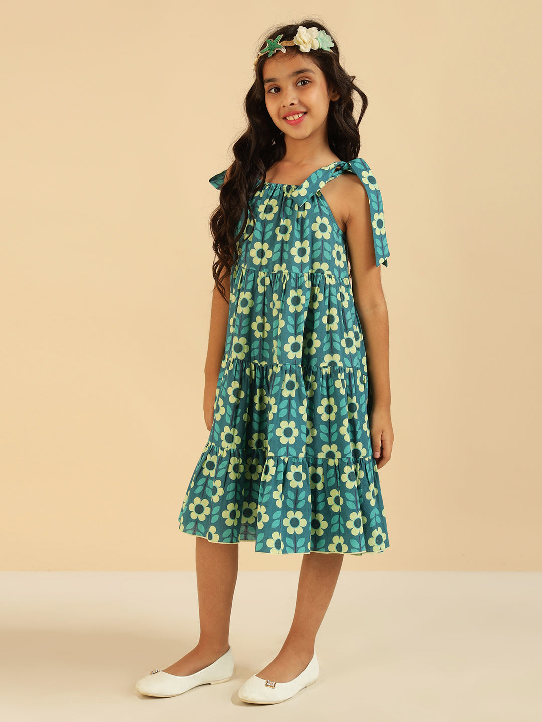 Pure Cotton Floral Print Tiered Girls Dress