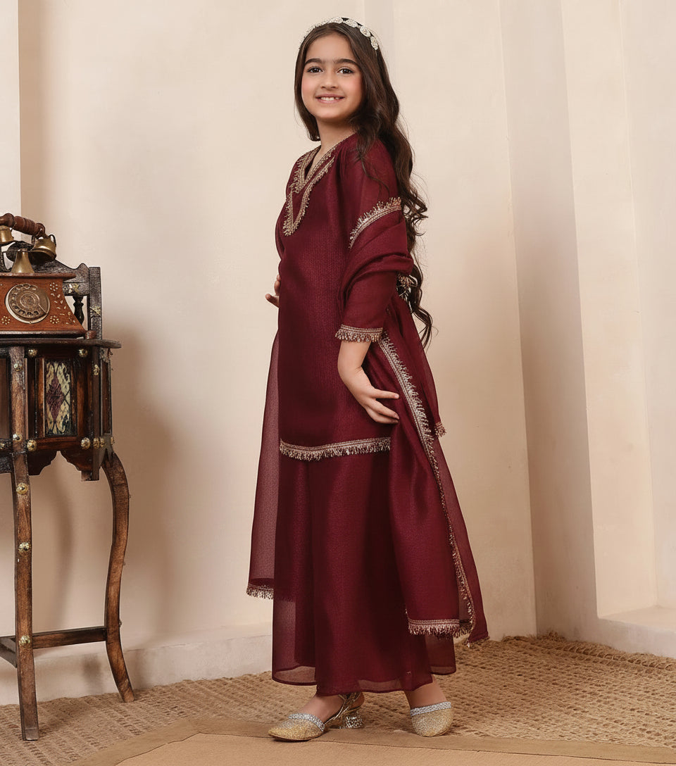 Georgette Maroon 3 Piece Co-Ord Set