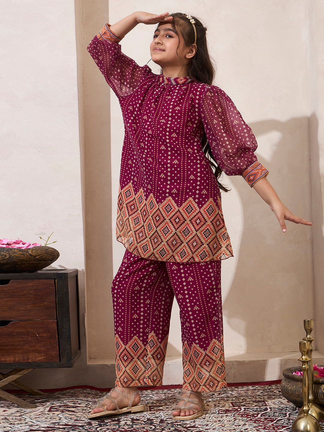 Wine B&hani Gathered Neck Kurta With Pant