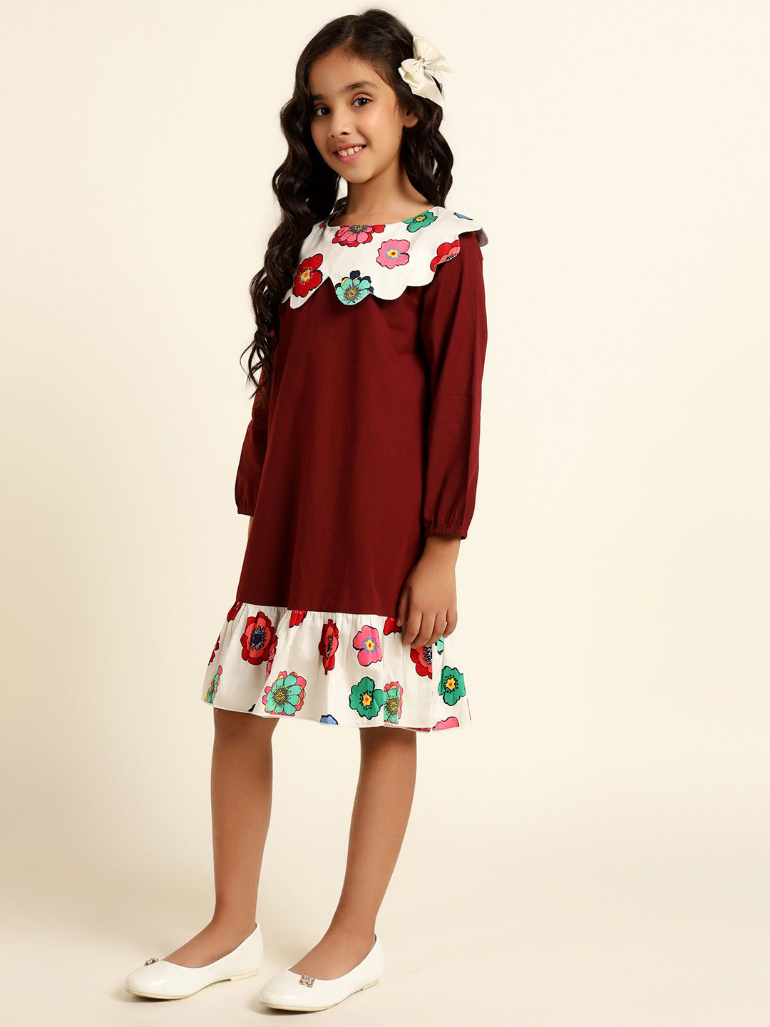 Full Sleeves Scalloped Collar A-Line Dress