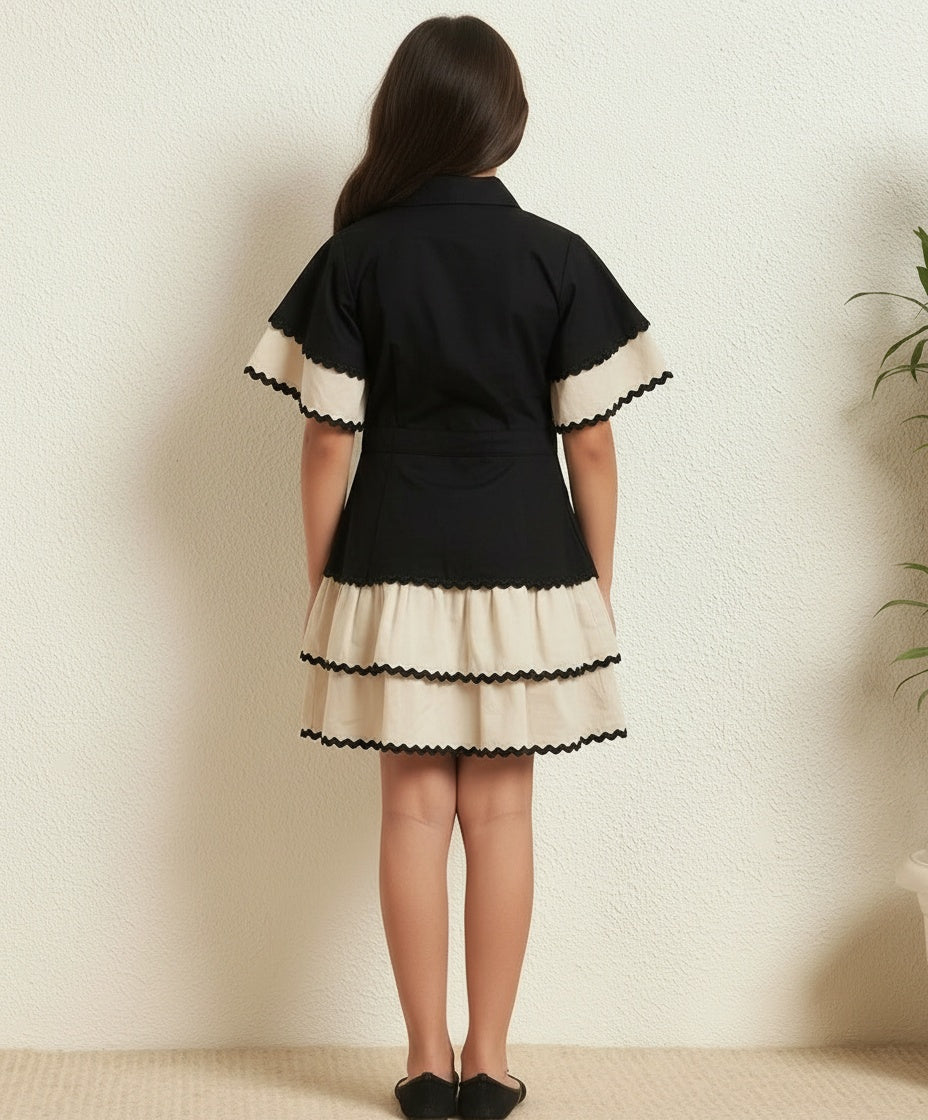 Border Lace Solid Shirt With Layered Skirt Girls Co-ord Set
