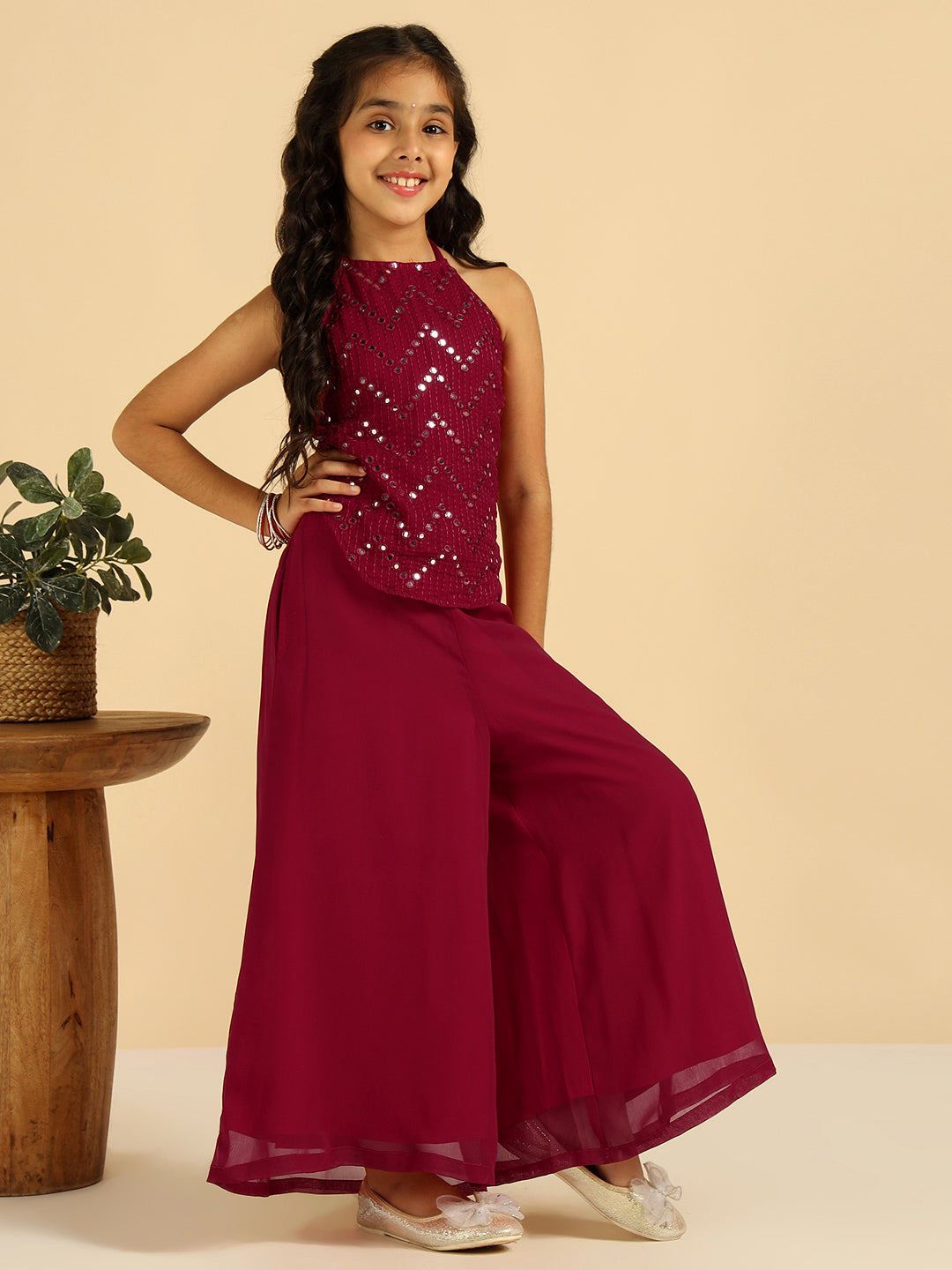 Magenta Embroidered Top With Sharara Girls Co-Ord Set