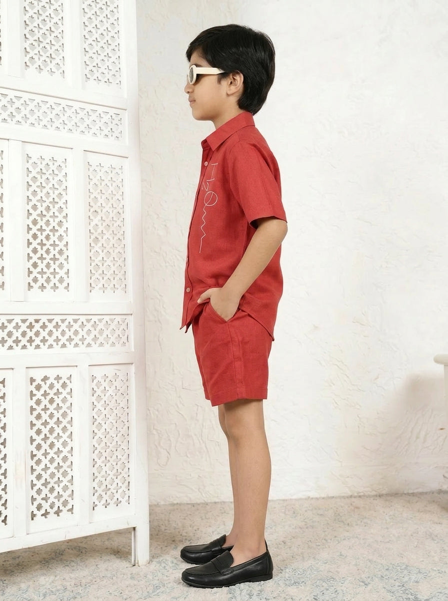 Red Cotton Printed Shirt Collar Shirt With Shorts Co-ord Set