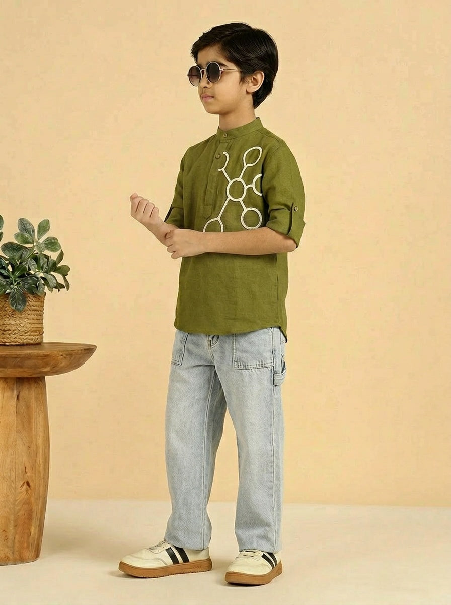 Sea Green Cotton Mandrain Collar  Short Kurta For Boys