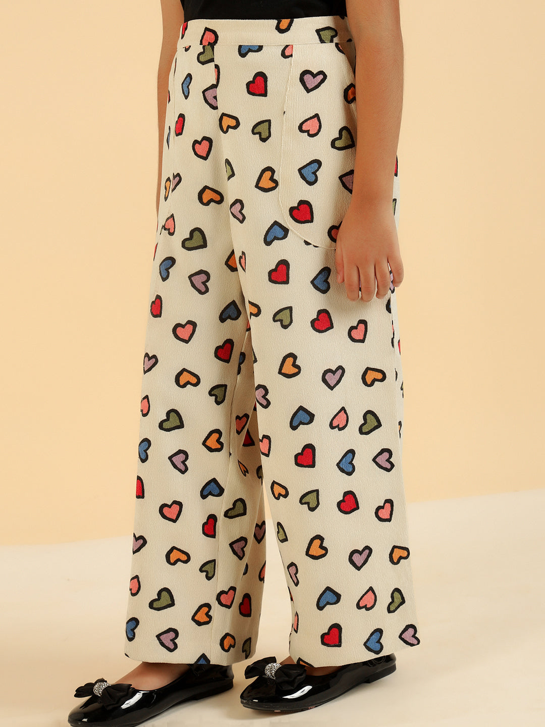 Heart Print MultiColor Patch Pocket Pant For Girl