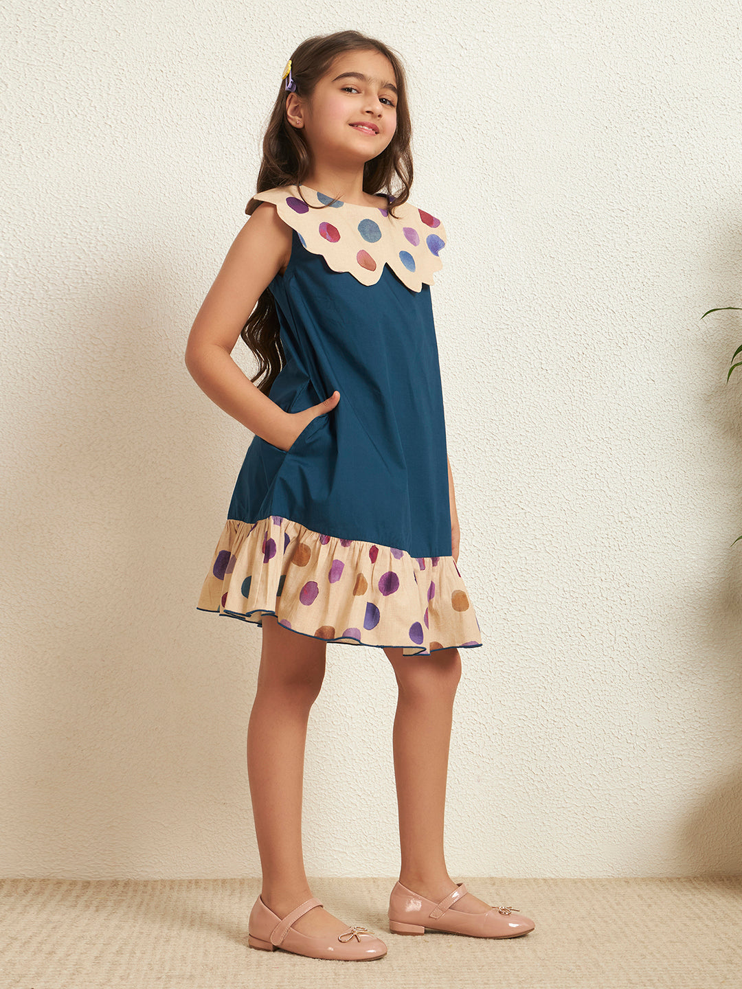 Girl's Teal Blue Cotton Poplin Solid With Polka Print A-Line Dress
