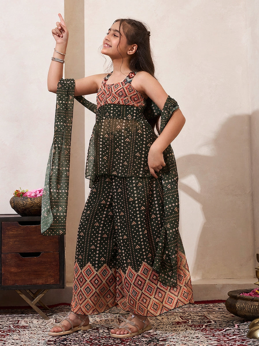 Black Bandhani Border Chiffon Peplum Top & Palazzo With Dupatta