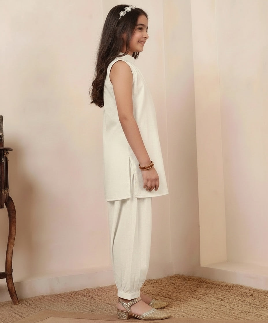 Off White Cotton Kurta With Pant Girls Co-ord Set