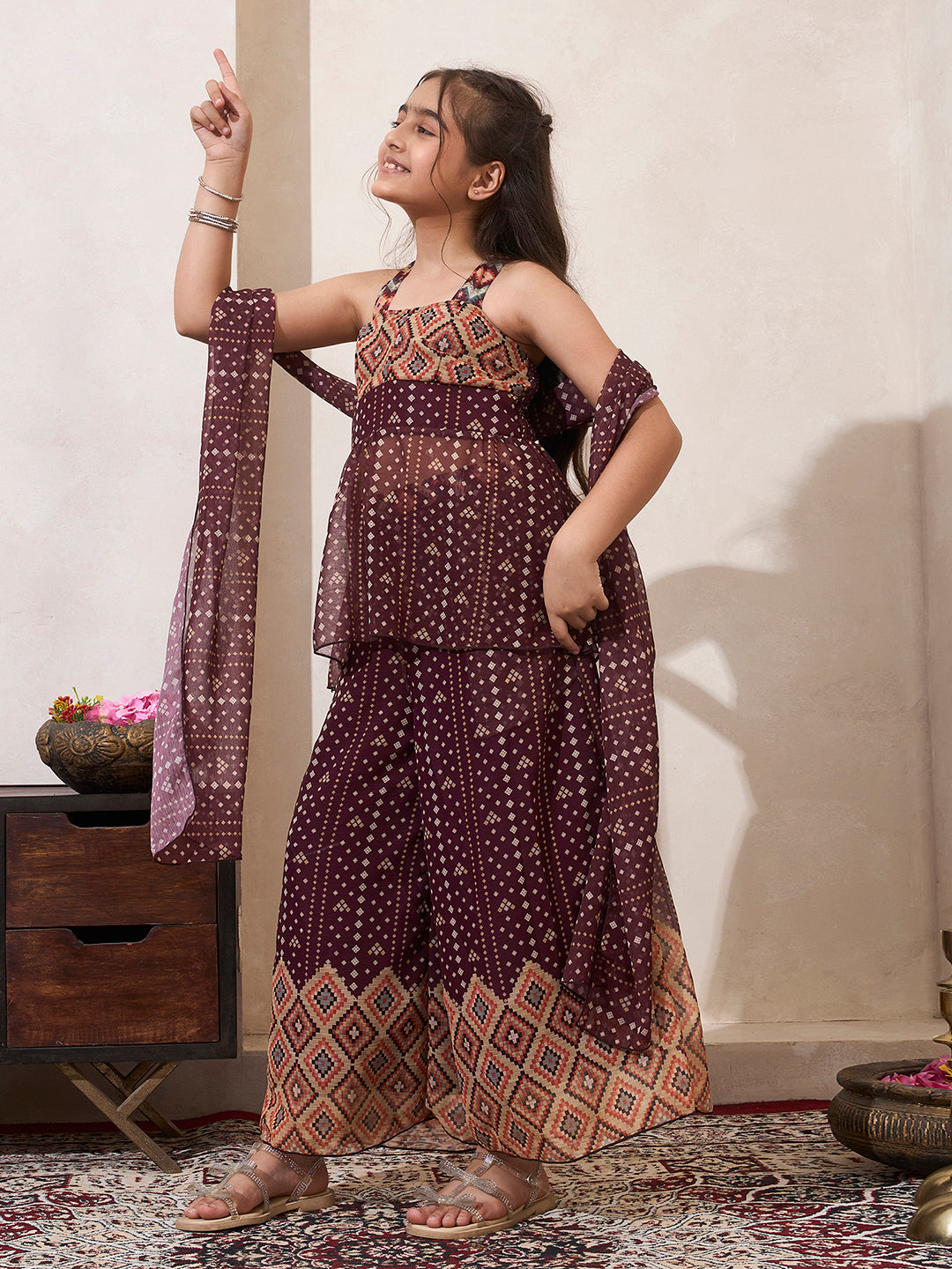B&hani Print Peplum Top & Palazzo With Dupatta