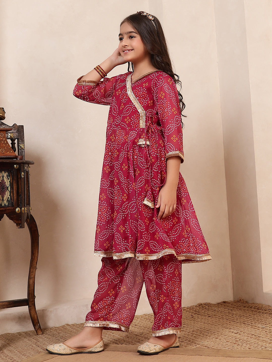 Bandhani Angrakha Style Kurta With Pants Set