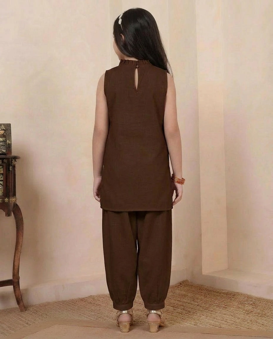 Dark Brown Cotton Kurta With Pant Girls Co-ord Set