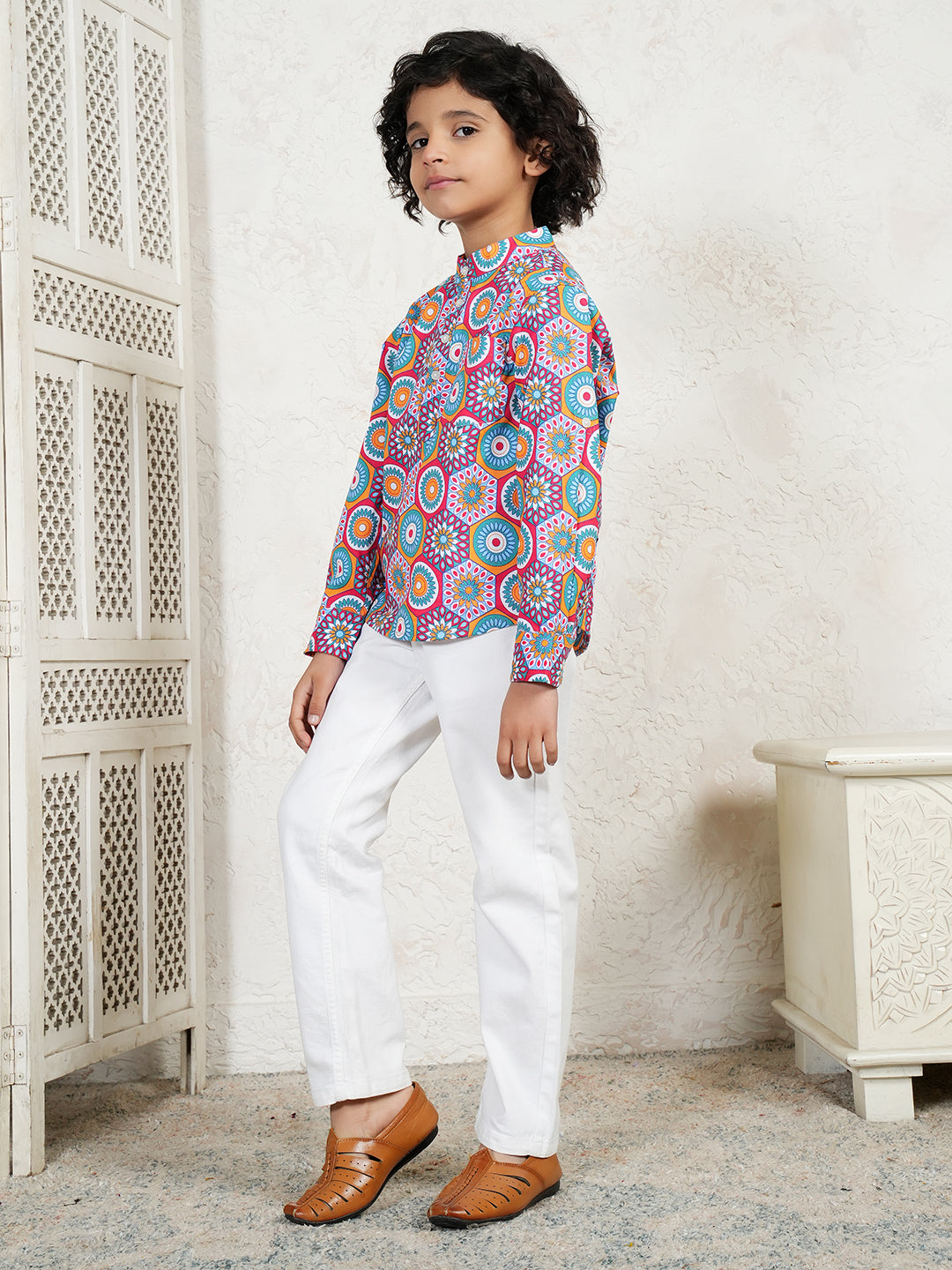 Multi Color Geometric Print Boys Kurta