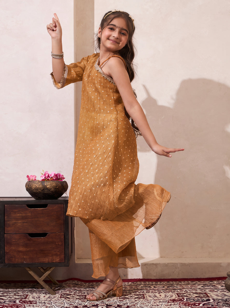 Golden Solid Shimmer Butta One Shoulder Kurta With Palazzo