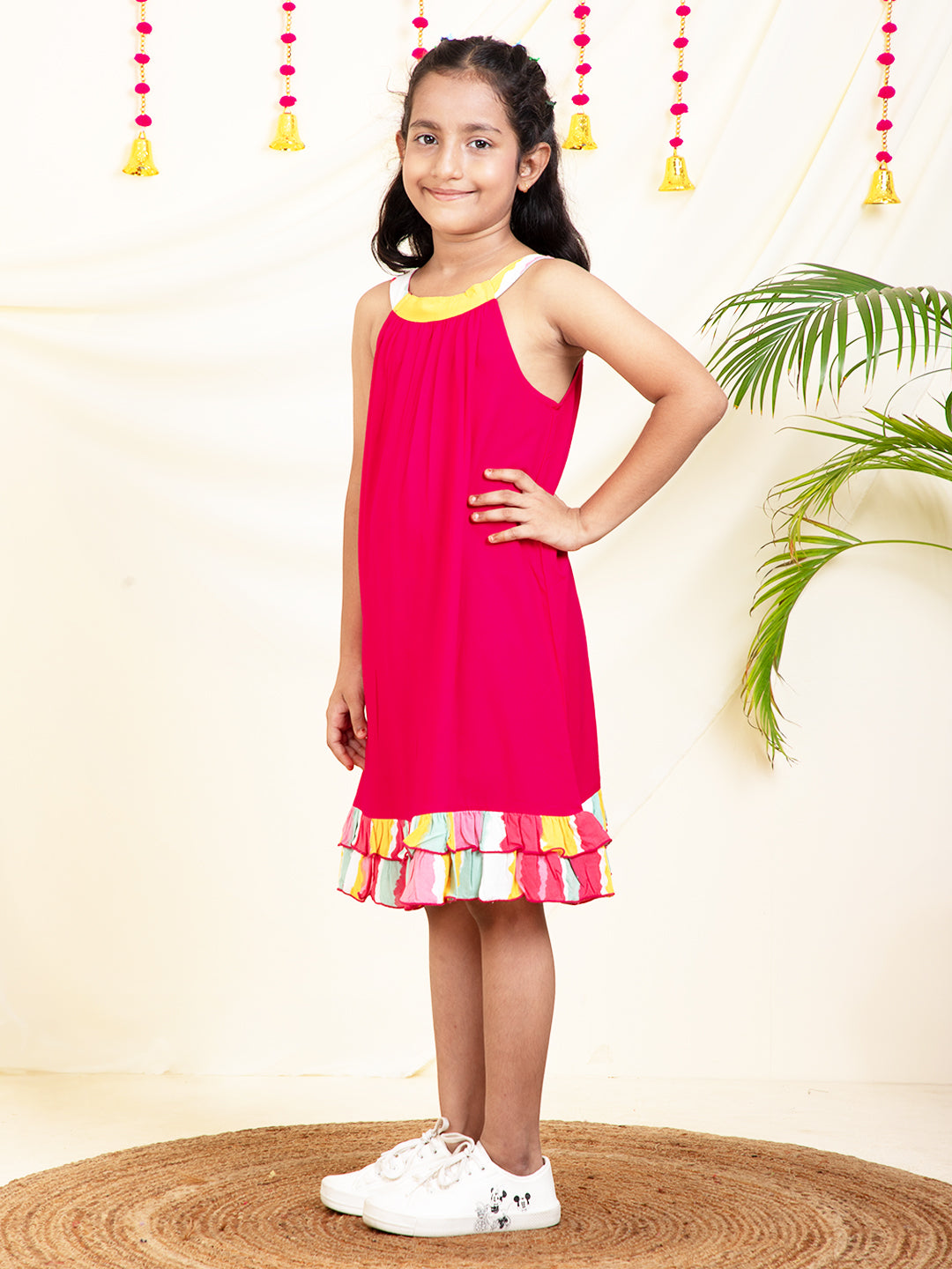 Solid Magenta Halter Neck Girls Dress