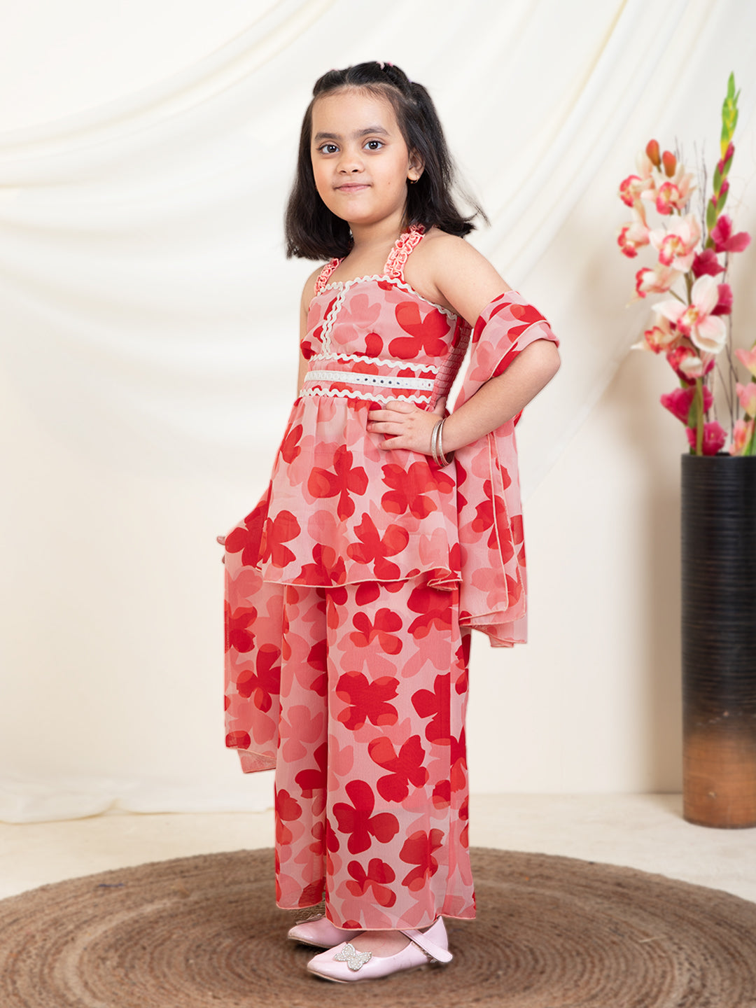 Floral Print Peplum Top & Circular Palazzos With Dupatta