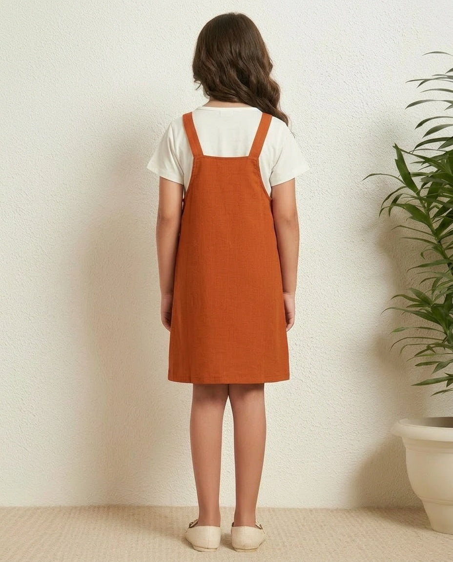 SHORT TOP WITH KNEE-LENGTH DUNGAREE DRESS
