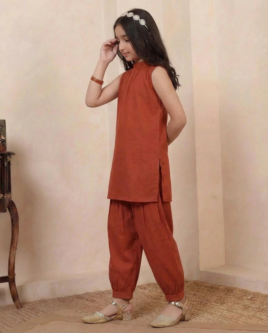 Brown Cotton Kurta With Gathered Pant Girls Co-ord Set