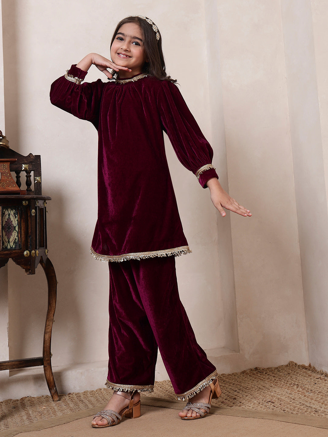 Velvet Band Collar Fusion Kurta Set
