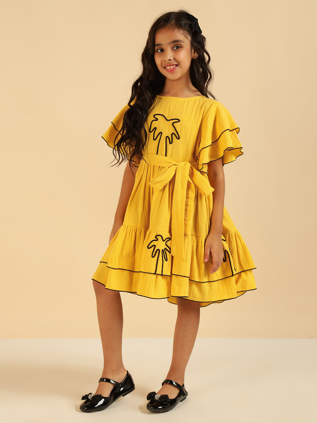 Yellow Embroidered Palm Motif Pure Cotton Gauze Girls Dress