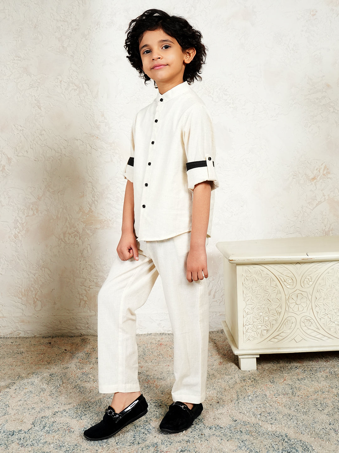Off White Pure Cotton Flex Co-Ord Set For Boys