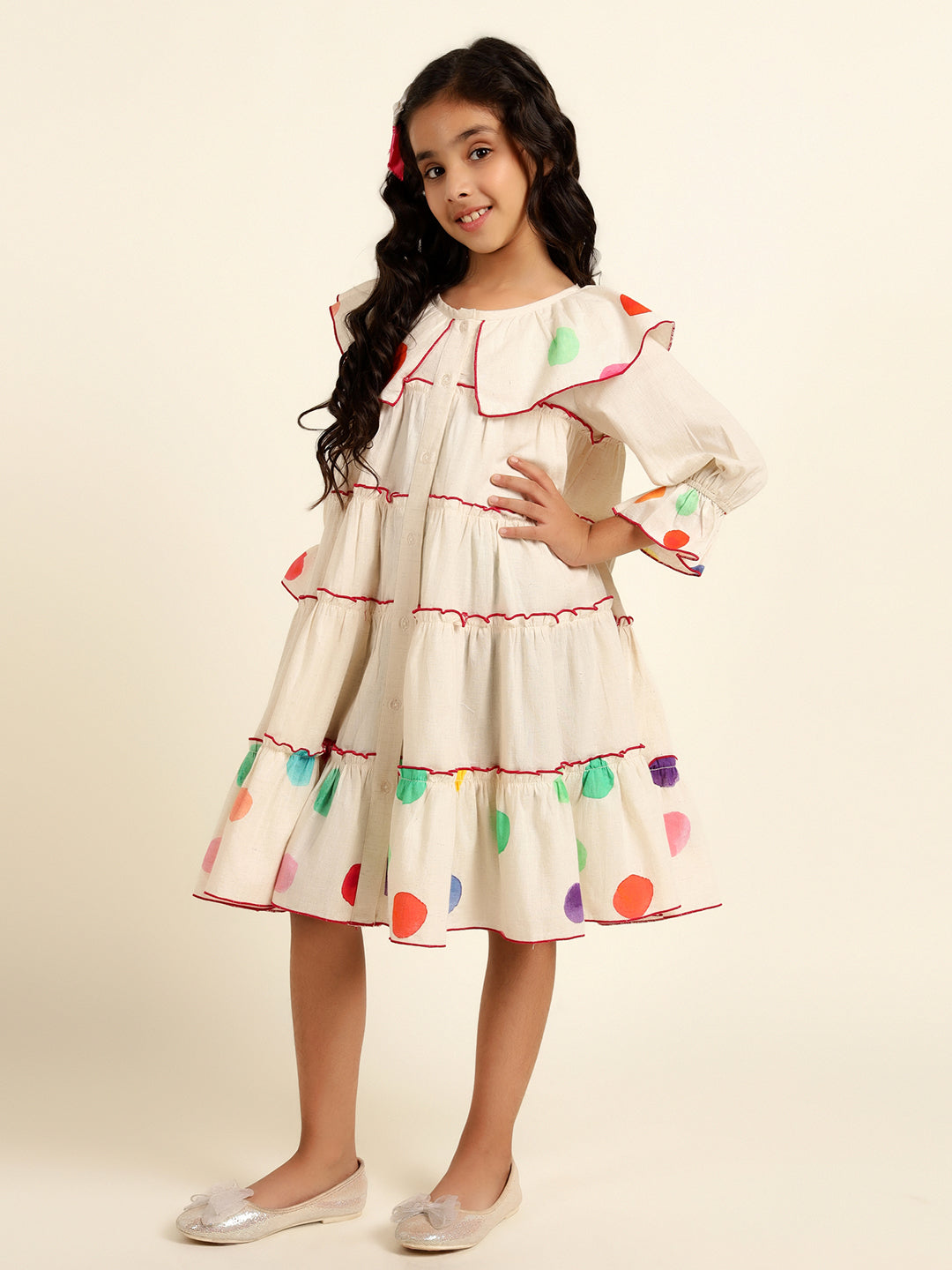 Polka Print Tiered Shirt Dress For Girl