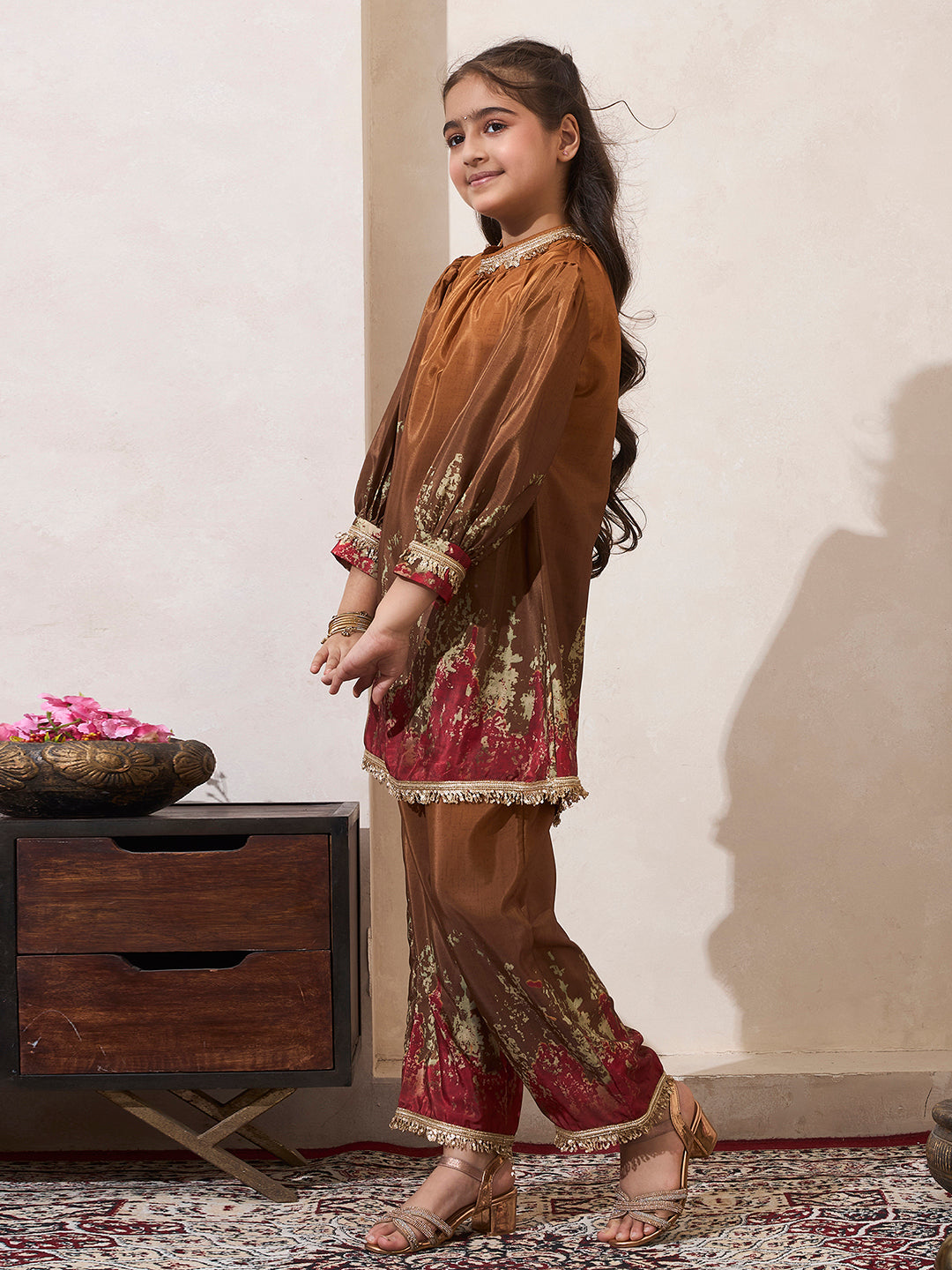 Tie-Dye Mustard Gathered Neck Kurta With Pant