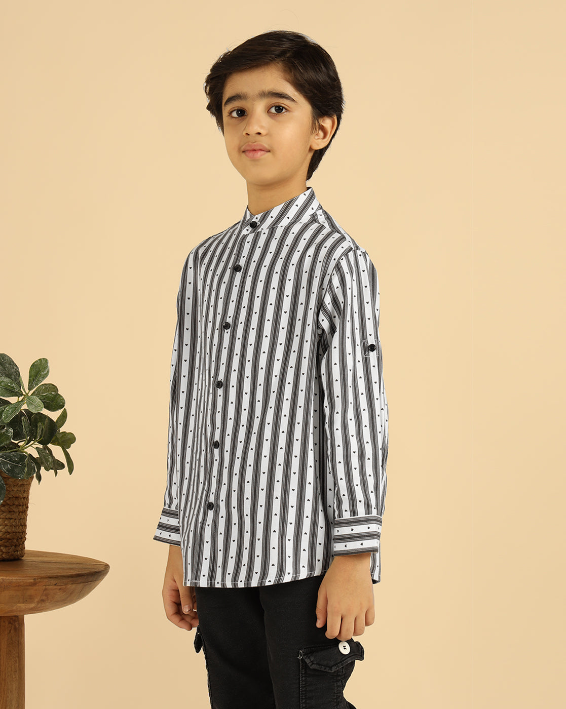 Black Striped Heart Printed Boys Shirt