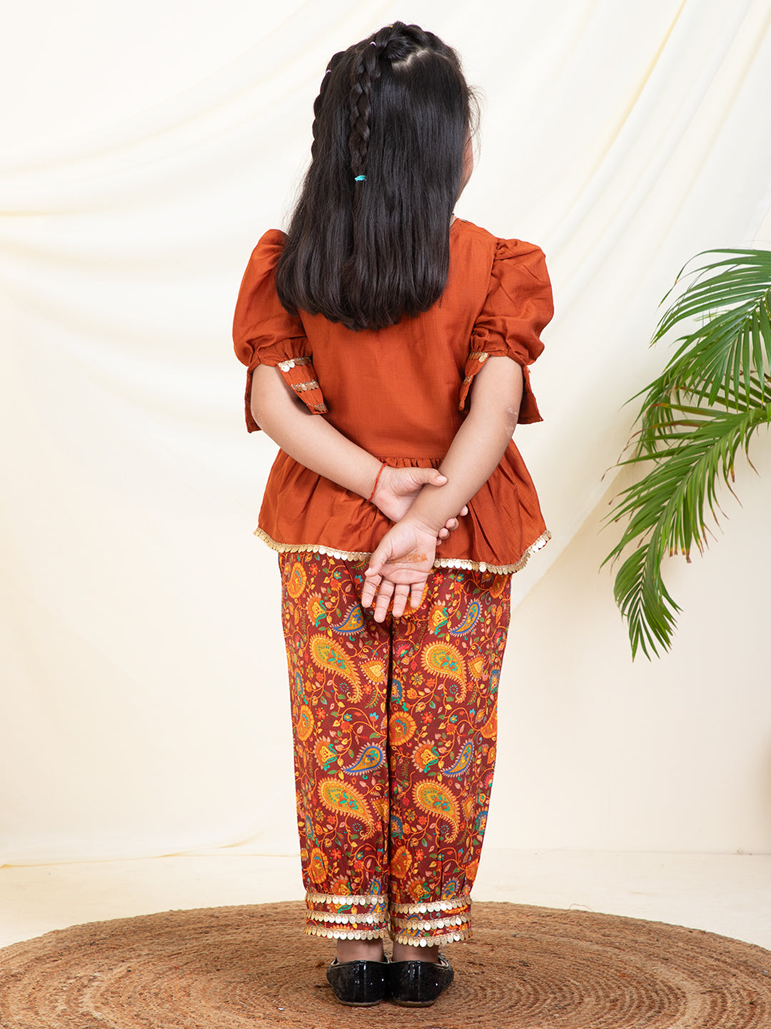 Solid Peplum Top With Abstract Printed Sharara