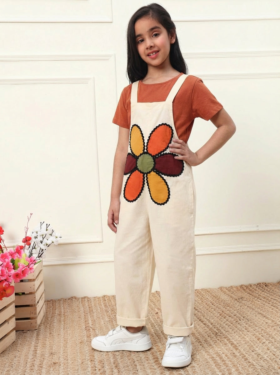 Off White Big Flower Patch Girls' Jumpsuit (T-shirt not included)