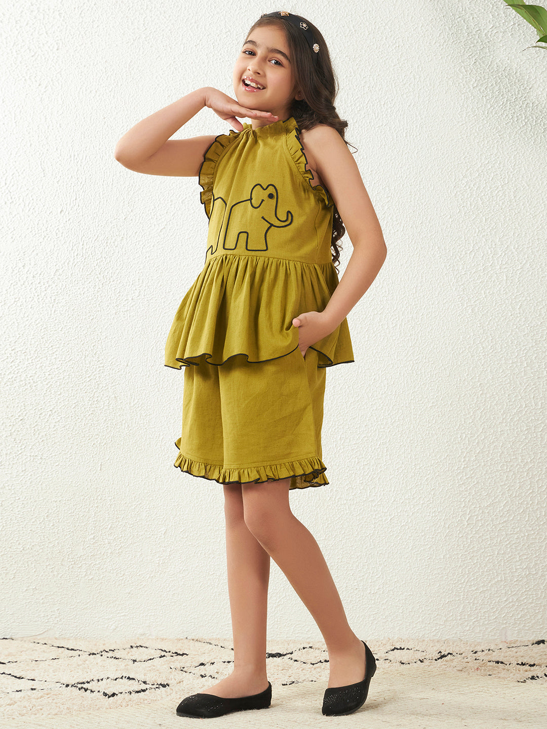 Olive Green Cotton Flex Halter Neck Top & Shorts