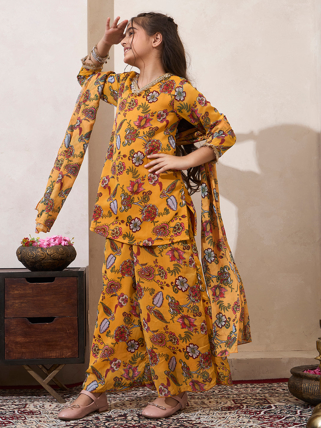 Girl's Multi Color Fusion Wear Kurta & Palazzo With Dupatta Set