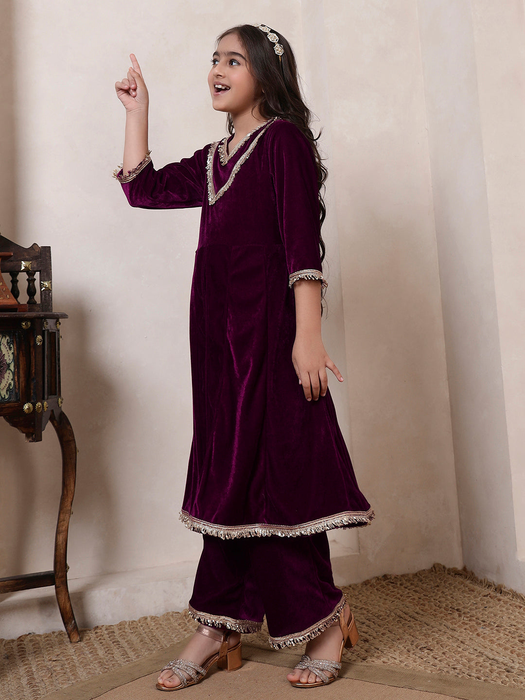 Wine Velvet Kurta Set
