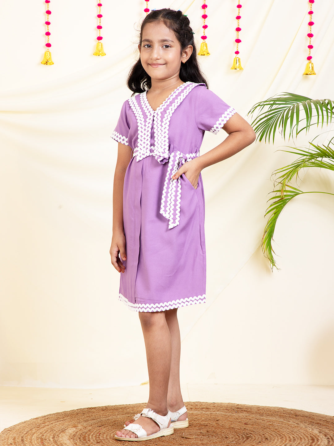 Solid Lavender Knee Length Girls Dress